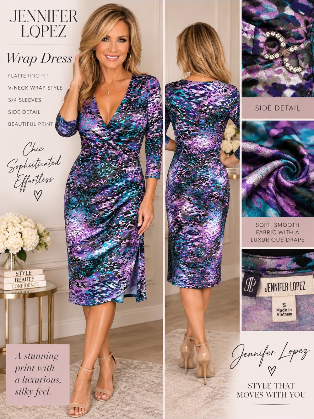 Jennifer Lopez Silky Purple Teal Wrap Bodycon Dress S Rhinestone